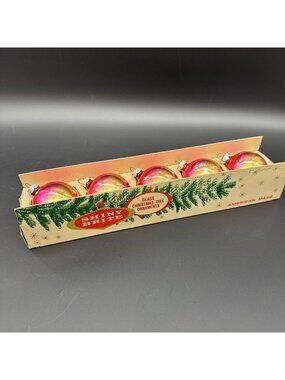 Vintage Shiny Brite Pink Gold Stripe Glass Ornament Set Of 5 Original Box